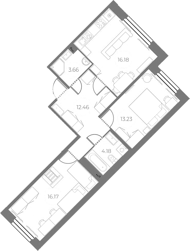 2-комнатная квартира 65.88 м², 2/13 эт., ЖК «Огни Залива»